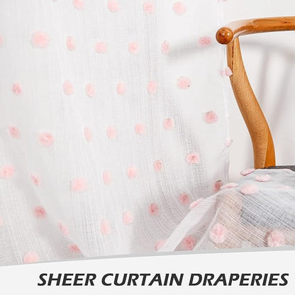 MYSKY HOME Living Room Curtains for Window 120 Inch Length Long Pink Pom Pom Curtains for Bedroom Set of 2 White Sheer Curtains Blush Farmhouse Rod Pocket Parties Backdrops 52" x 120"