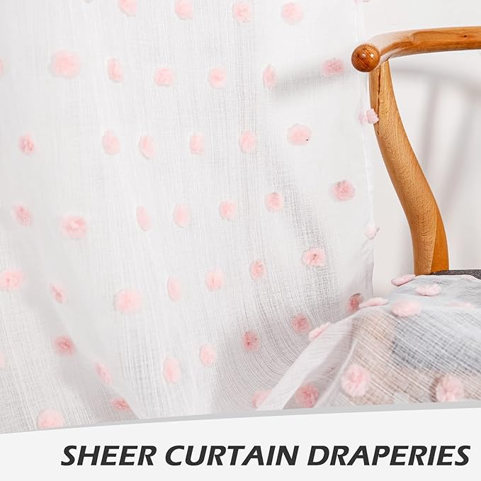 MYSKY HOME 95 Inch Length Pink Pom Pom Sheer Curtains for Bedroom & Living Room - Large Sliding Door Curtains - Light Filtering - Rod Pocket - 52 x 95 in - 2 Panels