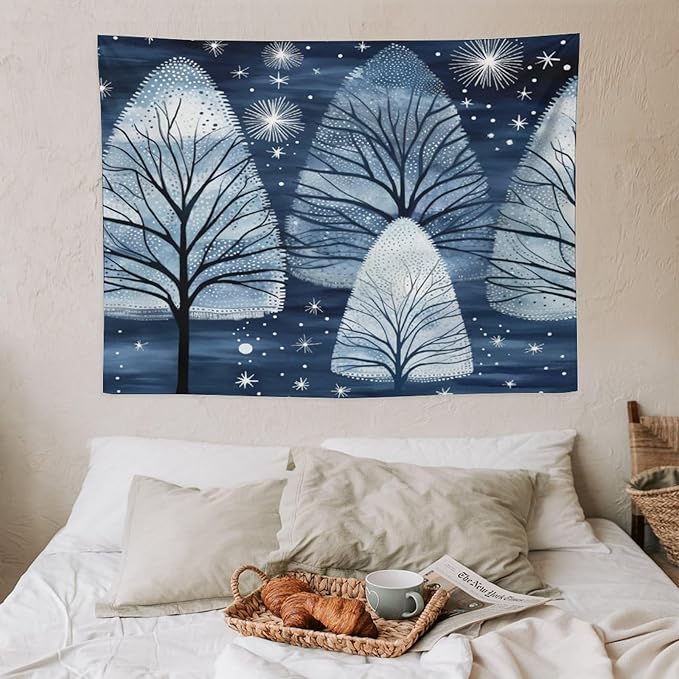 Trendy Blue Silver Glitter Tree Christmas Wall Tapestry Winter Holiday Wall Art Tapestry for Bedroom Aesthetic Tapestry Wall Hanging Decor Home Decoration for Bedroom Living Room Dorm 30"x40"