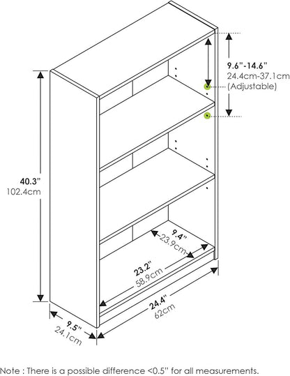 Furinno JAYA Book Shelf, 3-Tier Bookshelf, Bookcase with Adjustable Shelves, 9.5 x 24.5 x 40.3, for Living Room, Bedroom, Home Office, White