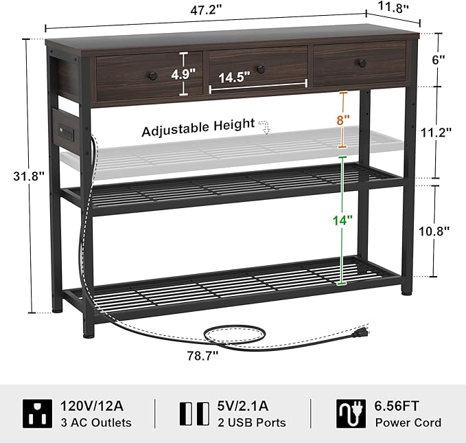 Ecoprsio 47'' Entryway Table with Outlets and USB Ports, Console Table with 3 Drawers, Sofa Table Narrow Long with Storage Shelves for Living Room, Couch, Hallway, Foyer, Black Walnut Finish