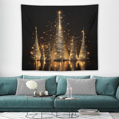 Silver Lighted Christmas Trees Tapastry's Wall Hanging Vintage Christmas Tapestries for Bedroom Landscape Tapestry Home Decoration for Living Room Bedroom 50"x60" Christmas Family Party
