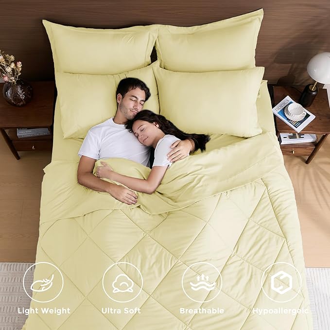 HEVUMYI Cream Yellow King Comforter Set - 7-Piece All Season Bed in a Bag King, Ultra Soft Bedding Set with Comforter, Flat Sheet, Fitted Sheet, Pillowcases, Pillow Shams