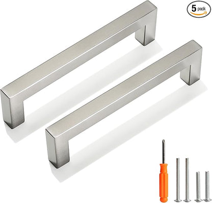 Cabinet Pulls Brushed Nickel Cabinet Handles Square Drawer Pulls, 5 Pack 5 Inch Stainless Steel Kitchen Door Cupboard Cabinet Handles, Cabinet Hardware Drawer Handles, 128mm Hole Centers