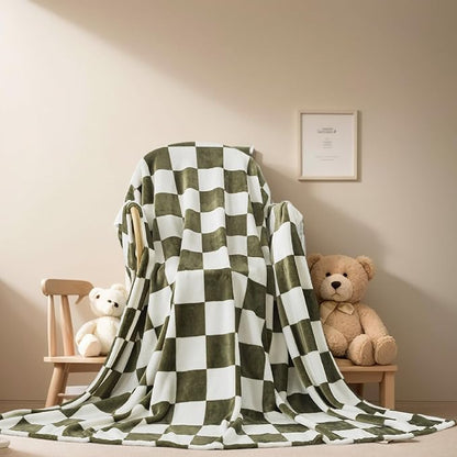 Checkered Queen Size Blanket,Premium Lightweight Anti-Static 90x90 Inches Sage Green Throw Blankets for Queen Full Bed,Couch, Sofa, Chair, Camping, Picnic,Sage Green