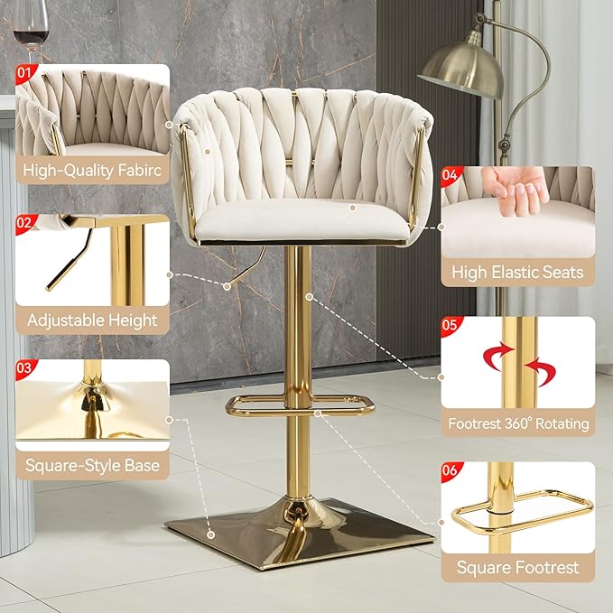 NIOIIKIT Bar Stool Set of 2, Velvet Upholstered Swivel Barstool, Counter Height Chair with Hand Woven Backrest, Dining Barstool with Footrest, Bar Chair for Kitchen Island, Pub (Ivory)