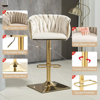 NIOIIKIT Bar Stool Set of 2, Velvet Upholstered Swivel Barstool, Counter Height Chair with Hand Woven Backrest, Dining Barstool with Footrest, Bar Chair for Kitchen Island, Pub (Ivory)