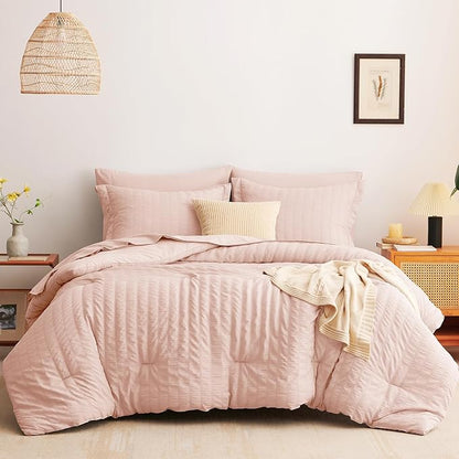 CozyLux Twin XL Comforter Set with Sheets Seersucker Blush Pink 5 Pieces Bed in a Bag, Twin Extra Long Luxury Bedding Sets for College Dorm with Down Alternative Comforter, Sheets, Pillowcases & Shams