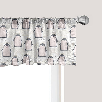 Ambesonne Penguin Window Valance, Pastel Colored Style Cartoon Animals from Antarctica Crowns on a Dotted Background, Curtain Valance for Kitchen Bedroom Decor with Rod Pocket, 42" x 12", Grey Pink