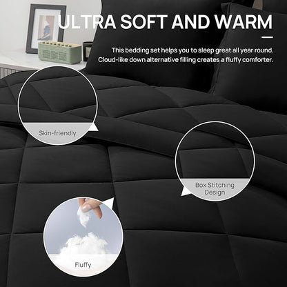Love's cabin California King Comforter Set Black, 7 Pieces California King Bed in a Bag, All Season Bedding Sets with 1 Comforter, 1 Flat Sheet, 1 Fitted Sheet, 2 Pillowcase and 2 Pillow Sham