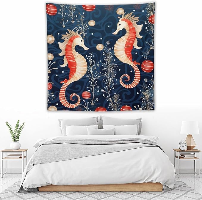MaSiledy Seahorse Christmas Kiss Beach Tapestries Ocean Theme Tapestry Vintage Aesthetic Tapestries Landscape Tapestry for Bedroom Colorful Wall Hanging Aesthetic Wall Art For Room Decor 60"x60"