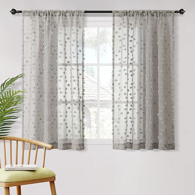 MYSKY HOME Grey Sheer Short Curtains with Pom Pom for Small Windows Bedroom Nursery Kids Girls Room Curtains Cafe Kitchen Light Filtering Boho Drapes, Rod Pocket,52 x 54 Inches, 2 Panels