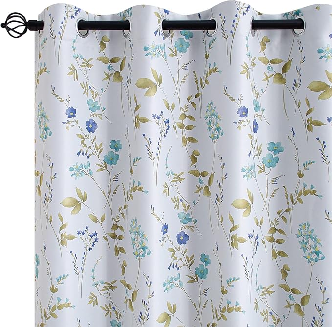 Linentalks Floral Blackout Curtains 84 Inches Long 2 Panels Set, Flower Curtains for Bedroom, Grommet TopThermal Insulating Room Darkening, Pretty Floral Curtains Blackout for Living Room, Blue Green