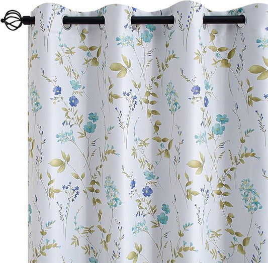 Linentalks Floral Blackout Curtains 84 Inches Long 2 Panels Set, Flower Curtains for Bedroom, Grommet TopThermal Insulating Room Darkening, Pretty Floral Curtains Blackout for Living Room, Blue Green