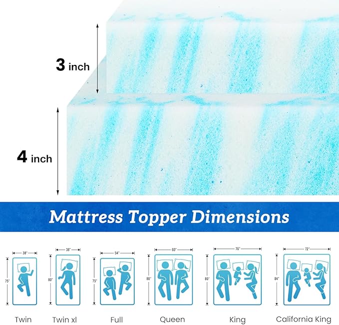 Sweetcrispy Mattress Topper Twin XL, 4 Inch Thick Memory Foam Gel Infused Cooling Toppers Pad for Twin XL Size Bed, Sleeper Sofa, RV, Camper, CertiPUR US Certified, Ventilated and Breathable