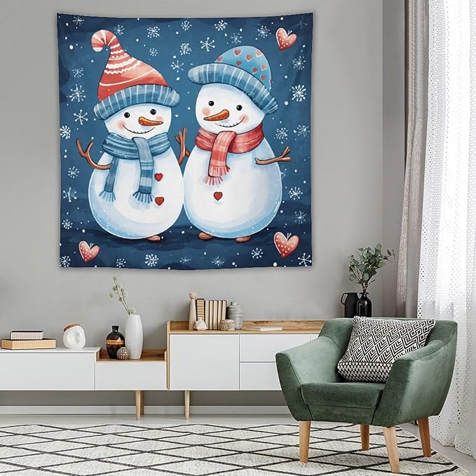 MaSiledy Tapestry Snowman Couple Vintage Aesthetic Tapestry Wall Hanging Christmas Snowman Tapestry As Wall Art Wall Hanging Decor Home Decoration for Bedroom Living Room Dorm Landscape 60"x60"
