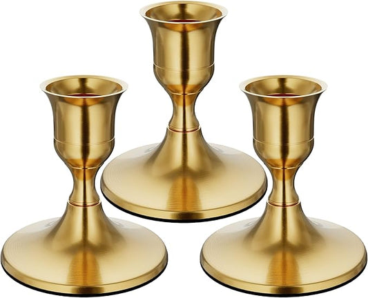 Brass Gold Taper Candle Holders Set of 3, Vintage Metal Candlestick Holders for Dinner Room Table Centerpiece or Mantel Wedding Party Decor