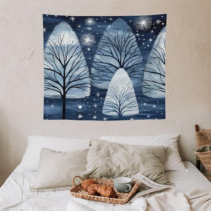 Tapastry's Wall Hanging Trendy Blue Silver Glitter Tree Christmas Tapestry Vintage Christmas Tapestry Vintage Aesthetic Tapestries Wall Hanging for Bedroom 50"x60" Christmas Family Party