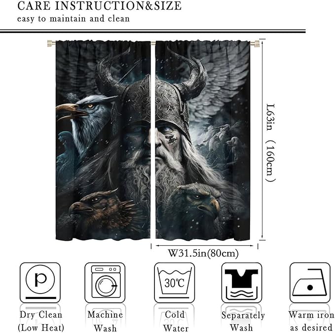 Fantasy Norse Viking Blackout Curtains for Bedroom,Cool Gothic Vintage Vikings Mystical Symbol Eagle Rod Pocket Thermal Insulated Room Darkening Curtains 2 Panels 63L x 31.5W