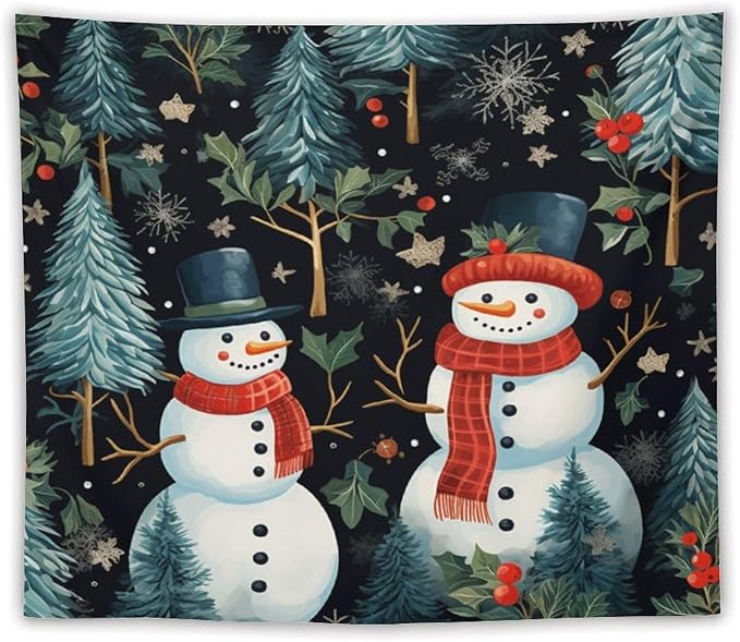 Wall Tapestry Snowman Couple Tapestry Vintage Christmas Cute Snowman Tapestry Vintage Aesthetic Tapestries Wall Art for Bedroom Living Room Decor Home Decor 50"x60" Christmas Family Party