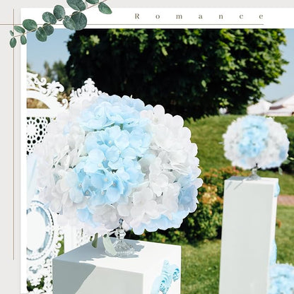 Zeyune 200 Pcs Hydrangea Artificial Flowers, Silk Flower Heads with Stems, Fake Hydrangea Bouquet for Wedding Arch Centerpiece DIY Floral Home Decoration (White and Blue)