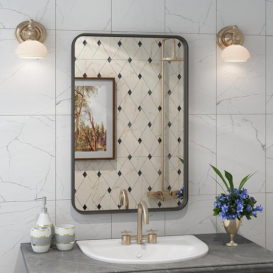 16x24 Bronze Bathroom Mirror, Rounded Rectangle Bronze Frame Mirror, Brushed Bronze Bathroom Vanity Mirror Wall-Mounted, Anti-Rust, Hangs Horizontally or Vertically