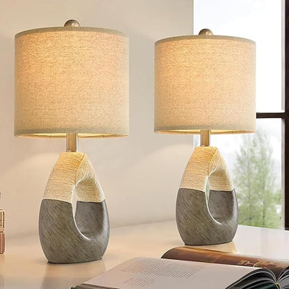 OYEARS 19” Boho Table Lamps Bedroom Living Room Set 2,Suitable for Small Space,Small Farmhouse RattanTable Lamp Rustic Egg Design Resin Light Decoration,Nightstand Bedside Lamps for Office Study Rest