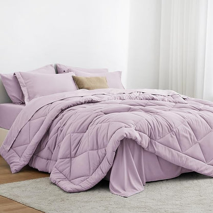 Love's cabin Twin Comforter Set Light Purple, 5 Pieces Twin Bed in a Bag, All Season Bedding Sets with 1 Comforter, 1 Flat Sheet, 1 Fitted Sheet, 1 Pillowcase and 1 Pillow Sham