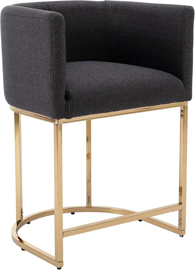 Modern Counter Height Linen Upholstered Bar Stool, 24" Kitchen Counter Island Stool Bar Chairs with Gold Metal Frame for Kitchen Island, Charcoal