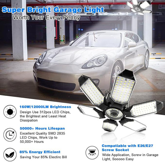 LED Garage Light - 160W Garage Light Bulb 64000LM 6500K Super Bright Garage Lighting w/ 6 Deformable Panels Screw in Shop Lights for Basement Workshop Warehouse Attic - 4Pack