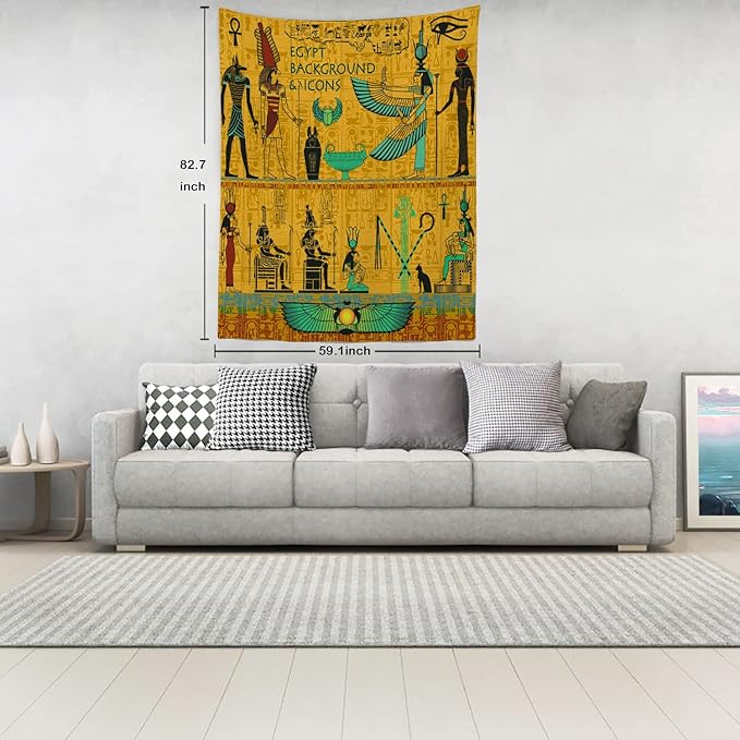 Batmerry Yellow Ancient Egyptian Tapestry, Horus Wall Art Hanging Decoration Polyester Fiber White Ruffled Around for Dorm Room Bedroom Living Room, 82.7x59.1 inches