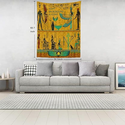 Batmerry Yellow Ancient Egyptian Tapestry, Horus Wall Art Hanging Decoration Polyester Fiber White Ruffled Around for Dorm Room Bedroom Living Room, 82.7x59.1 inches