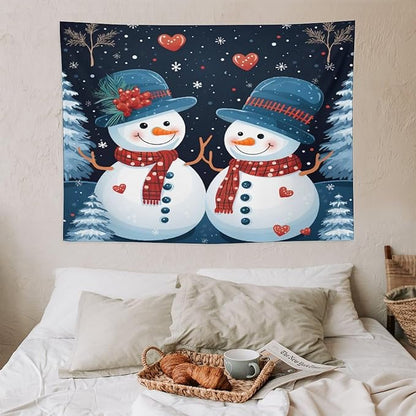 MaSiledy Tapestries Snowman Couple Tapestry Vintage Christmas Cute Snowman Tapestries for Bedroom Wall Art for Bedroom Living Room Decor Home Decor 30"x40" Xmas Wall Hanging Polyester Tapestries