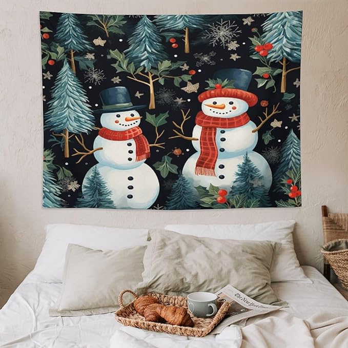 MaSiledy Tapestry Snowman Couple Vintage Aesthetic Tapestry Wall Hanging Winter Snowman Tapestries Wall Art for Home Decor Landscape 60"x80" Holiday Scene Banner for Winter Christmas Party
