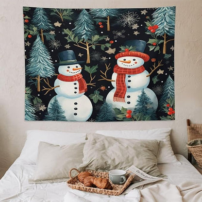 MaSiledy Tapestry Snowman Couple Vintage Aesthetic Tapestry Wall Hanging Winter Snowman Tapestries Wall Art for Home Decor Landscape 60"x80" Holiday Scene Banner for Winter Christmas Party