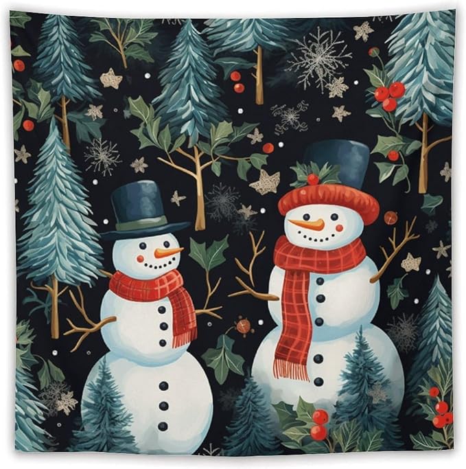 Snowman Couple Tapastry's Wall Hanging Christmas Winter Snowman Wall Hanging Wall Tapestry Aesthetic Landscape Tapestry Wall Hanging for Living Room Dorm 60"x60" Christmas Family Party