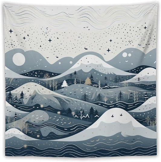 Snow Mountain Scandinavian Winter Tapestries Rustic Country Holiday Tapestries for Bedroom Aesthetic Landscape Tapestry Wall Art for Living Room Dorm 60"x60" Tapestries Winter Snowflake Decorative