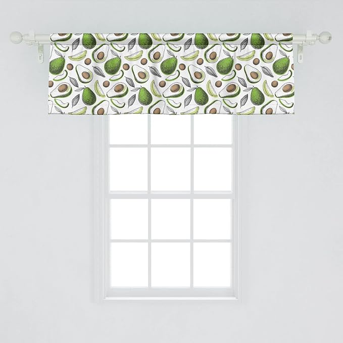Lunarable Vegetables Window Valance Pack of 2, Tropical Avocado Leaves Detox Antioxidant Lifestyle Stay Young Print, Rod Pocket Curtain Valances for Kitchen Bedroom, 54" X 18", Lime Green White Cocoa