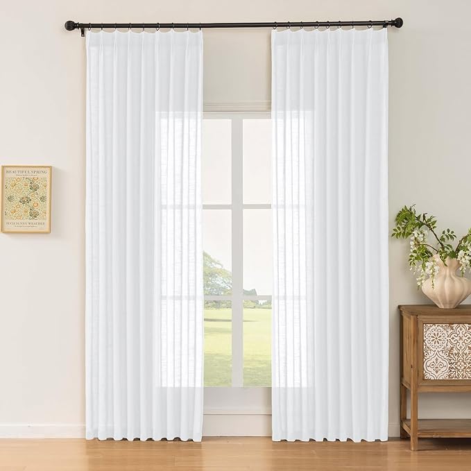 White Sheer Linen Pinch Pleated Sliding Door Curtains, 2x50 Inches Width, Cotton Look Light Filtering Drapes 108 Inches Long, Soft Textured Farmhouse Floor to Ceiling Window Curtain Panels