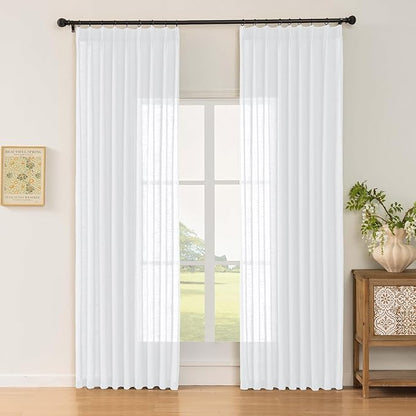 White Sheer Linen Pinch Pleated Sliding Door Curtains, 2x50 Inches Width, Cotton Look Light Filtering Drapes 96 Inches Long, Soft Textured Modern Farmhouse Window Curtain Panels