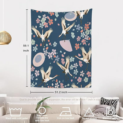 Batmerry Navy Blue Japanese Cherry Tapestry,Oriental Wall Art Hanging Decoration Polyester Fiber White Ruffled Around for Dorm Room Bedroom Living Room, 59.1x51.2 inches
