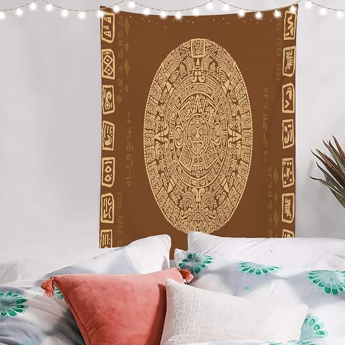Batmerry Brown Ancient Mayan Tapestry, Calendar Wall Art Hanging Decoration Polyester Fiber White Ruffled Around for Dorm Room Bedroom Living Room, 59.1x51.2 inches