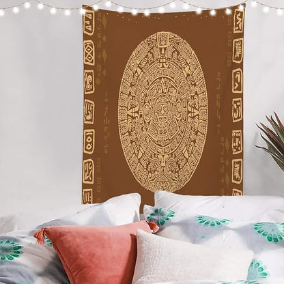 Batmerry Brown Ancient Mayan Tapestry, Calendar Wall Art Hanging Decoration Polyester Fiber White Ruffled Around for Dorm Room Bedroom Living Room, 59.1x39.4 inches
