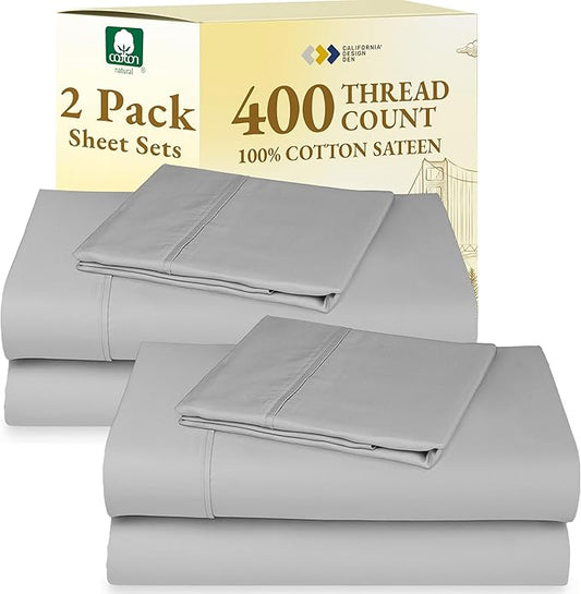 California Design Den 2-Pack Twin Cotton Sheet Sets - 400 Thread Count 100% Cotton Sateen - Extra Soft, Breathable & Cooling Sheets, Wrinkle Resistant, 2 Sets of Deep Pocket Bed Sheets - Light Grey