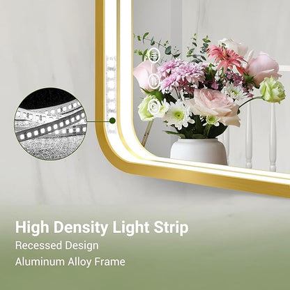 LED Bathroom Mirror with Lights, 40x28 Inch Gold Metal Framed LED Mirror for Bathroom, 3 Colors and Stepless Dimmable Wall Mounted Lighted Bathroom Vanity Mirror, Anti-Fog, Memory