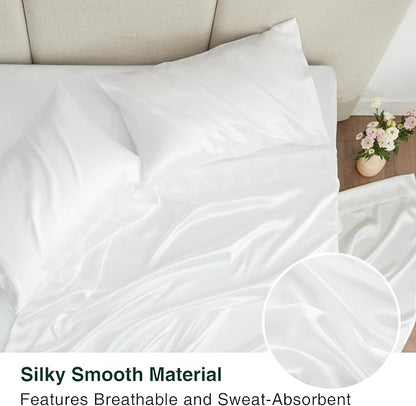 Love's cabin Twin XL Satin Sheet Sets - 3 Piece White Silky Bed Sheets with Deep Pockets, Luxury Silk Feel Satin Sheet Set Twin XL (1 Flat Sheet,1 Fitted Sheet,1 Pillow case)