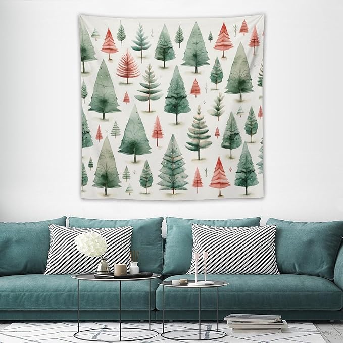 MaSiledy Tapestry Vintage Christmas Tree Watercolor Tapestry Aesthetic Winter Christmas Wall Tapestries Wall Hanging Decor Tapestry for Bedroom Aesthetic Alt Room Landscape 60"x60"