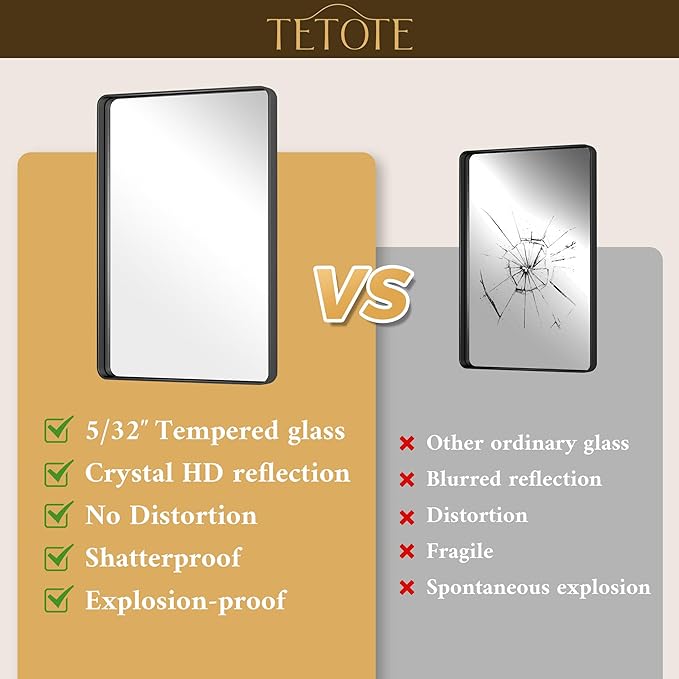TETOTE Black Mirror for Bathroom 24 x 36 Matte Black Metal Framed Vanity Mirror, Tempered Glass, Modern Farmhouse Wall Mounted Mirrors for Decorative(Horizontal/Vertical)