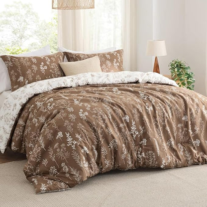 Bedsure Twin/Twin XL Comforter Set - Brown Bed Set, 2 Pieces Cute Floral Bedding, 1 Soft Reversible Botanical Flowers Comforter and 1 Pillow Shams