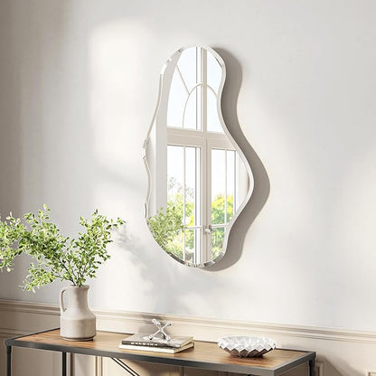 USHOWER Irregular Wall Mirror 20"x36", Frameless Wavy Mirror with Beveled & Polished Edge, Wall Mirrors Decorative for Bathroom, Bedroom, Living Room, Entryway, Cloakroom Renovation